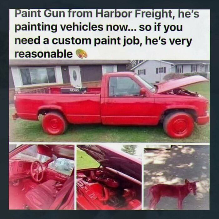 Red pickup truck painted entirely red random weird image