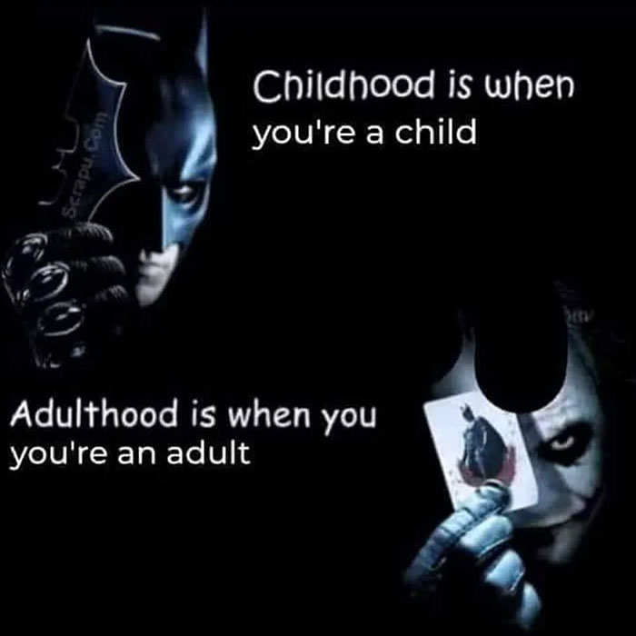 Dark image with Batman and Joker and text about childhood and adulthood definitions