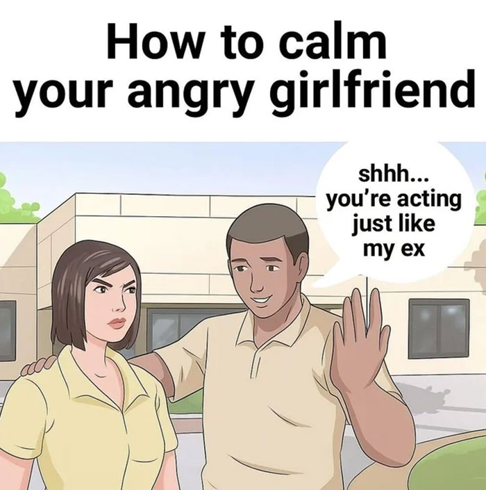 Cartoon showing how to calm your angry girlfriend with a humorous speech bubble