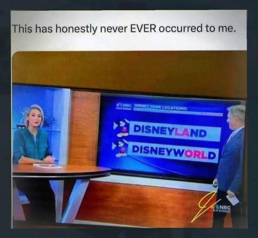 Weirdly relatable post showing news anchors with Disneyland and Disneyworld text confusion