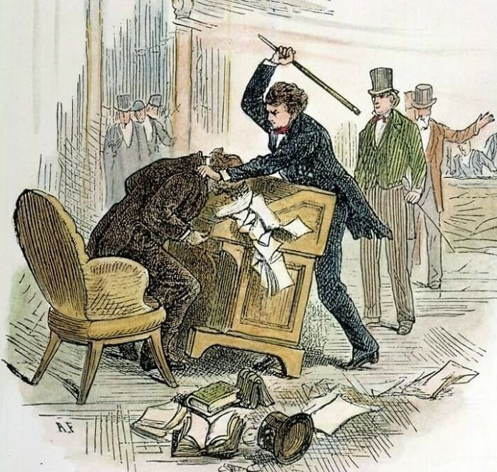 Historical illustration of a 19th century attack with a club in a formal setting