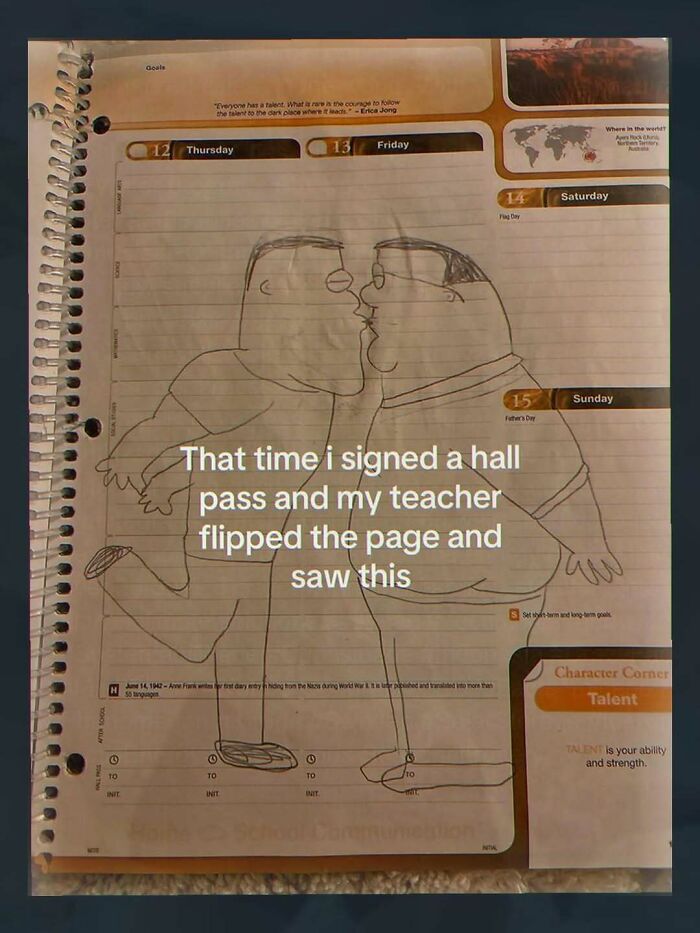 Sketch of two men kissing in planner with hall pass note