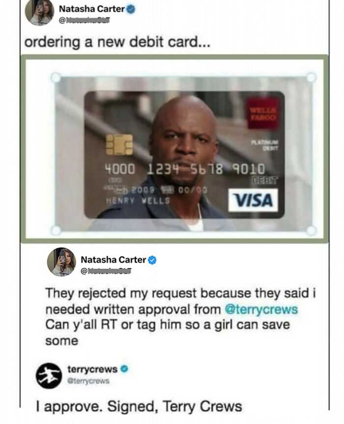 Clever comment on ordering debit card with Terry Crews approval