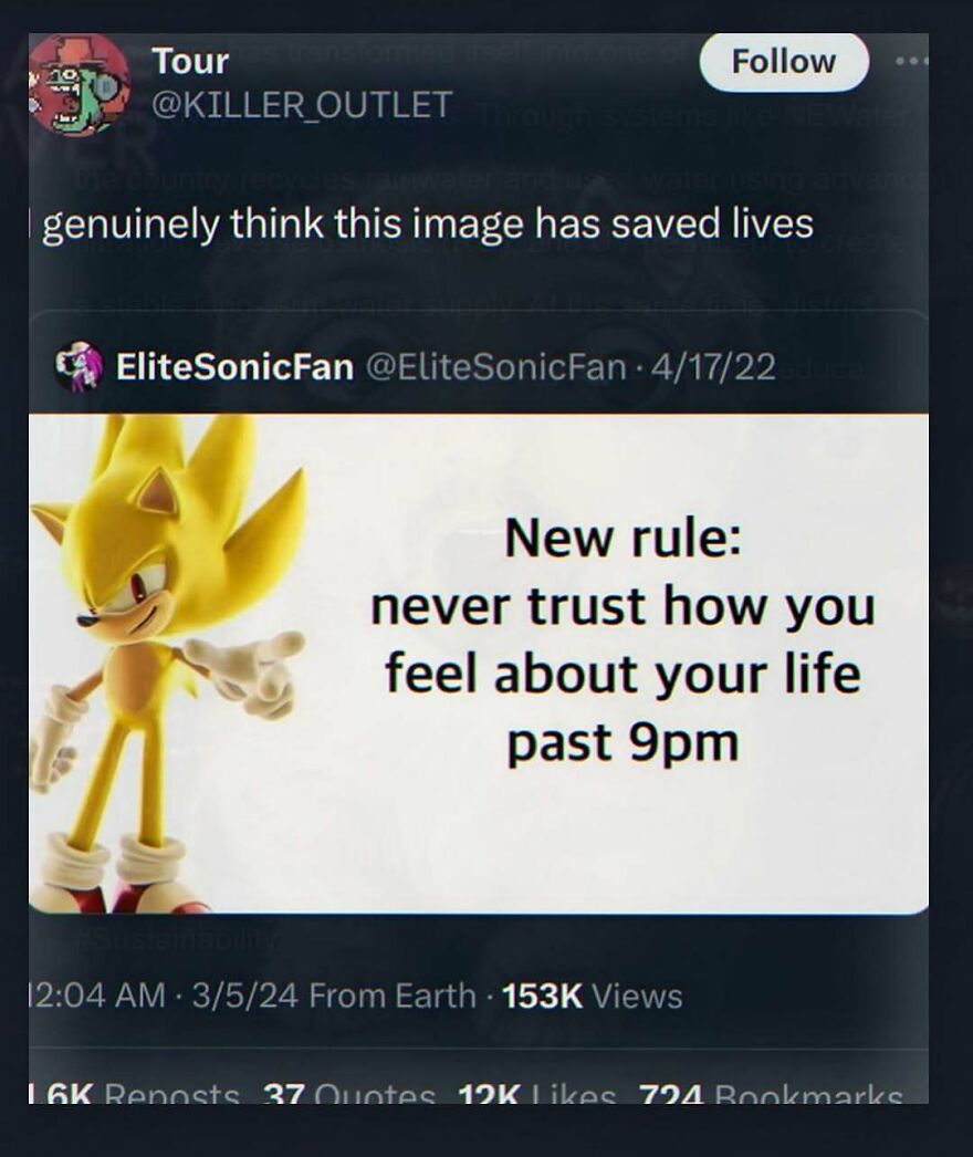 Unhinged posts funny new rule about feelings past 9pm with Sonic image