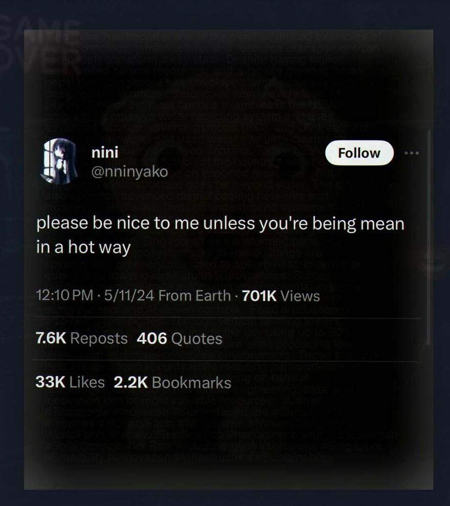 Relatable unhinged post asking to be nice unless mean in a hot way tweet