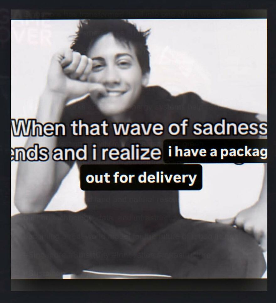 Unhinged post showing a person smiling with text about sadness and package delivery
