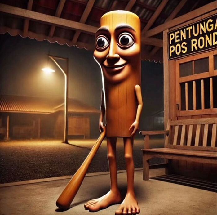 Animated character with large eyes holding a bat at night