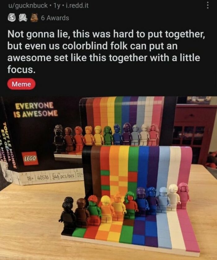 Colorblind LEGO set arranged in rainbow colors with caption about focus