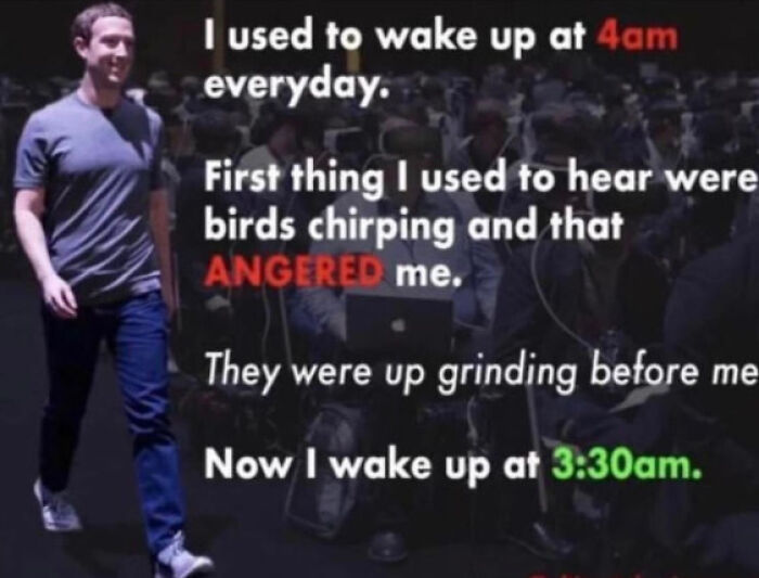 Man talking about waking up early and being angered by birds chirping with early rising message
