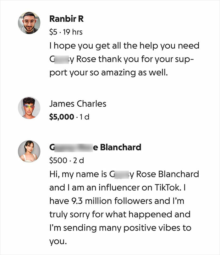 Screenshot of fundraiser comments involving James Charles and an influencer