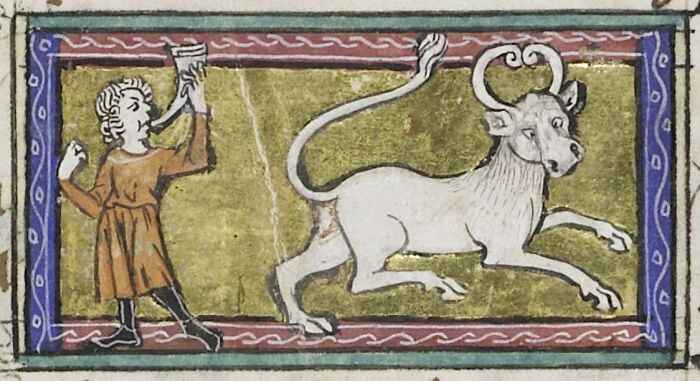 Medieval illustration of a person holding a scroll and a horned mythical creature