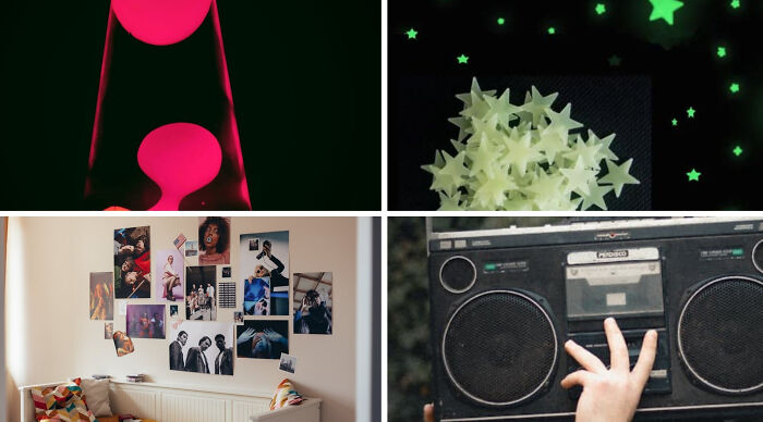 Four images showcasing childhood picks: a pink lava lamp, glow-in-the-dark stars, band posters, and a boombox. How nostalgic are you?