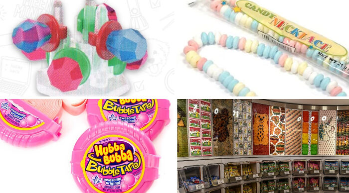 A collage of childhood picks: ring pops, a candy necklace, Hubba Bubba bubble tape, and a candy store. How nostalgic are you?