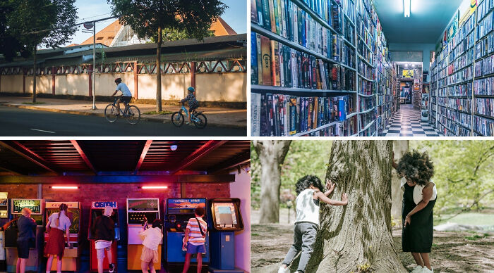 A collage of childhood memories: biking, a video store, an arcade, and kids by a tree. How nostalgic are you?