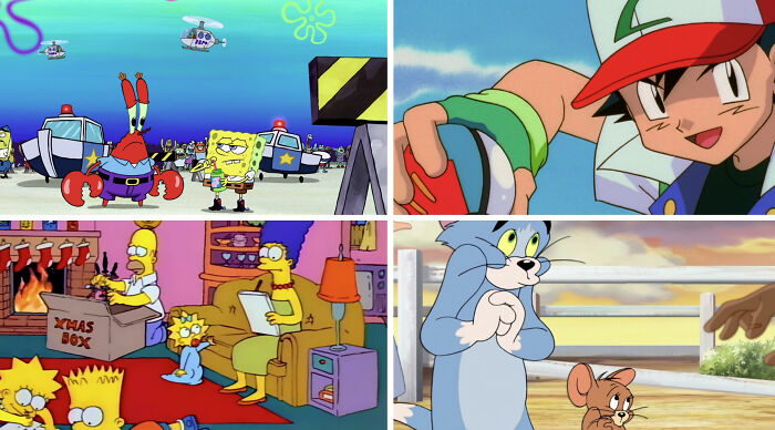 A collage of childhood picks: Spongebob, Pokemon's Ash, The Simpsons Christmas, and Tom & Jerry. How nostalgic are you?