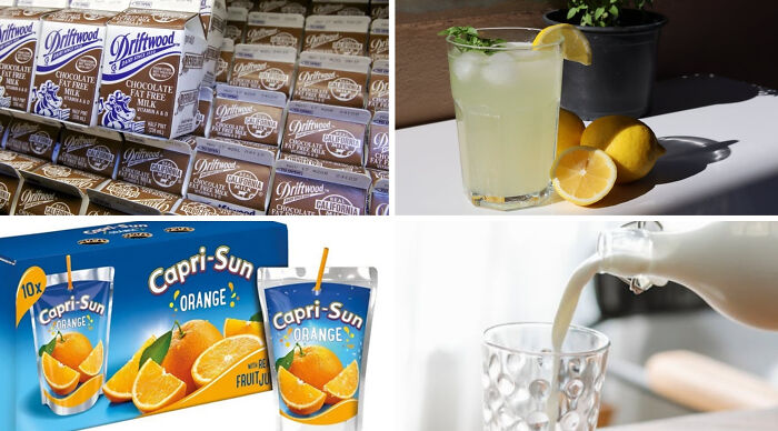 A collage of childhood picks: chocolate milk cartons, lemonade, Capri-Sun, and milk being poured. How nostalgic are you?