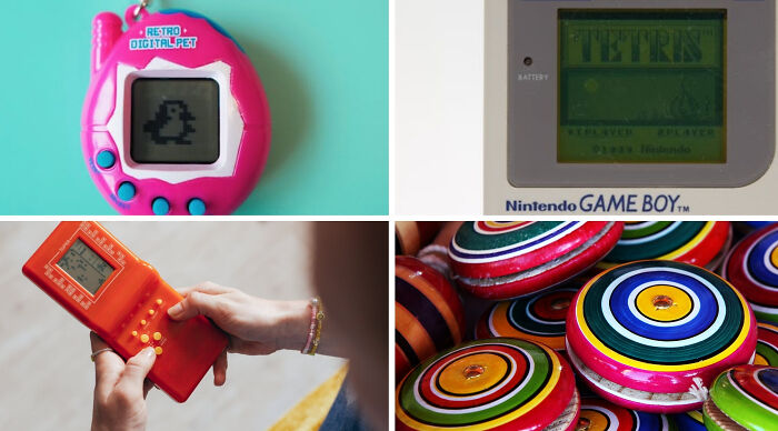 A collage of nostalgic childhood picks: a pink digital pet, a Game Boy playing Tetris, hands holding a brick game, and colorful spinning tops.