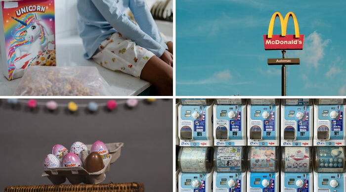 Four images: Unicorn cereal, a McDonald's sign, Kinder Surprise eggs, and gumball machines. How nostalgic are you?