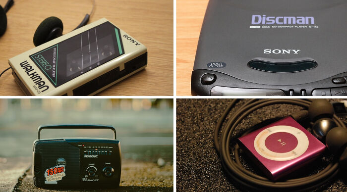 A collage of nostalgic childhood electronics: a Walkman, Discman, radio, and iPod, for a childhood picks quiz.