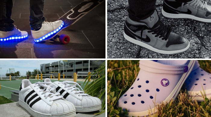 A collage of four different shoes: light-up sneakers on a skateboard, black-and-grey Jordans, white Adidas, and lavender Crocs. How nostalgic are you?