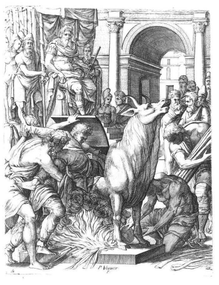 Black and white etching of ancient figures sacrificing a bull. Disturbing d***h stories from the past.