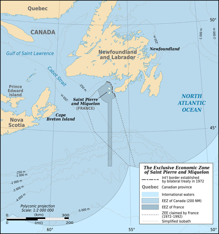 Map detailing the exclusive economic zone of Saint Pierre and Miquelon in geography facts