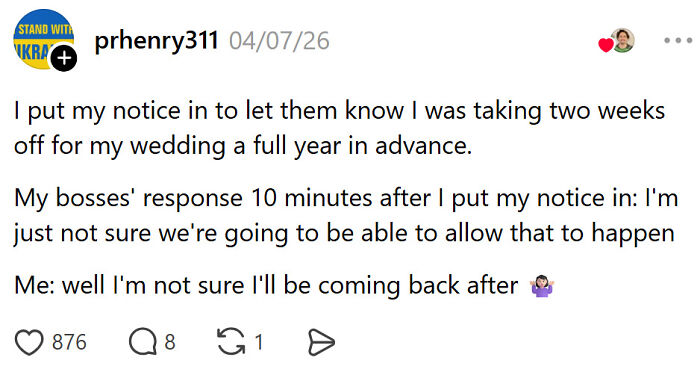 Employee told not allowed two weeks off wedding, example of worst boss remarks.