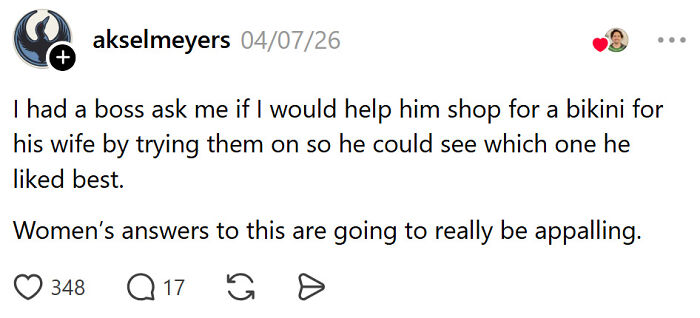 Boss asks employee to try on bikinis for wife, highlighting worst things a boss has said.