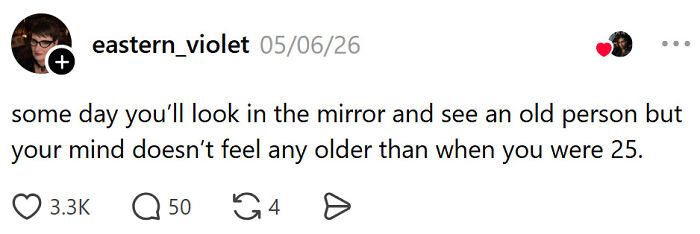 Adult problems feeling old despite youthful mindset in mirror reflection