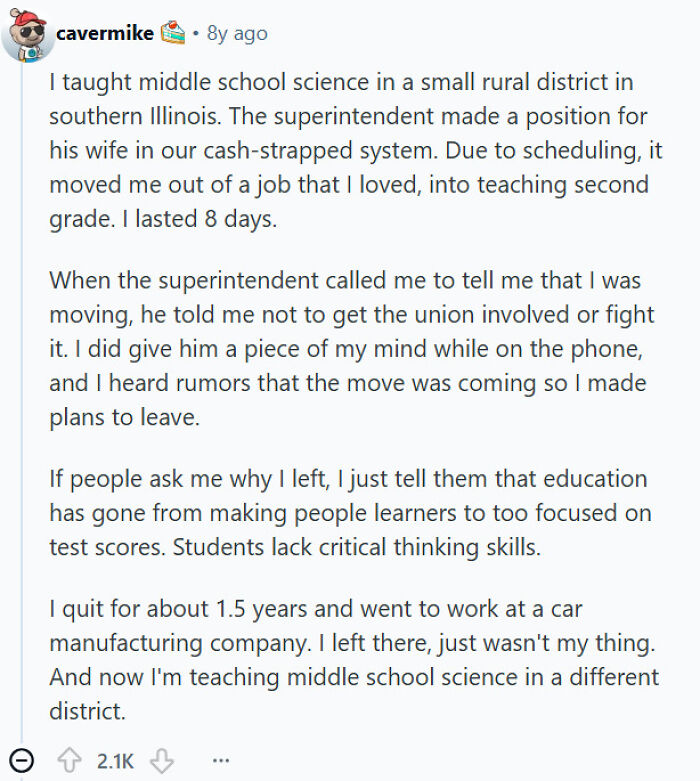 Teacher quit over forced job move and decline of education to test score focus