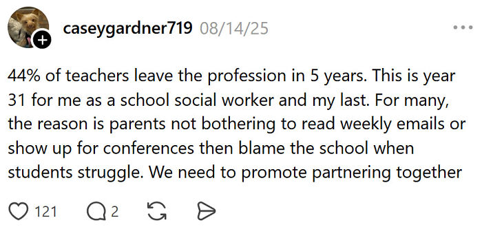 School social worker cites lack of parental involvement as a quitting reason