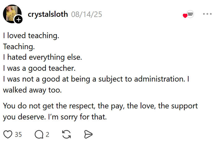 Teacher loves teaching but leaves due to lack of respect and support
