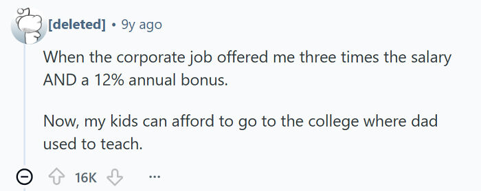 Teacher leaves for corporate job with higher salary and better benefits