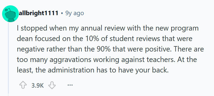 Teacher quits due to unfair annual reviews focusing on negative student feedback