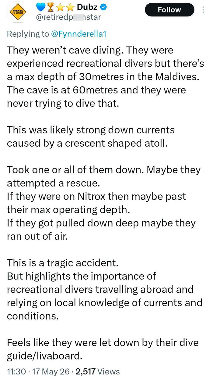 New Detail In Maldives Diving Tragedy Sparks Questions After Missing Tourists Found Inside “Shark Cave” New Detail In Maldives Diving Tragedy Sparks Questions After Missing Tourists Found Inside “Shark Cave”