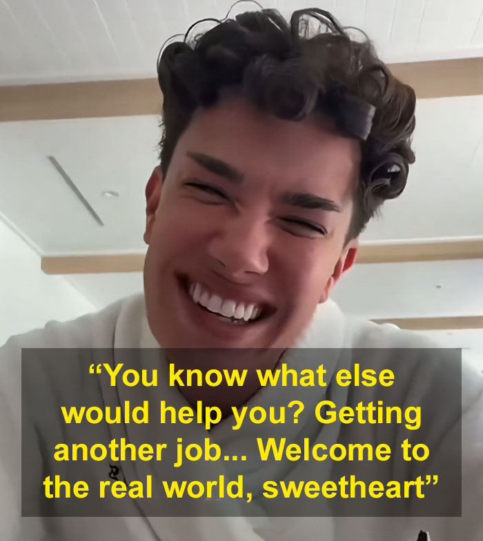 James Charles with text about helping by getting another job and real world