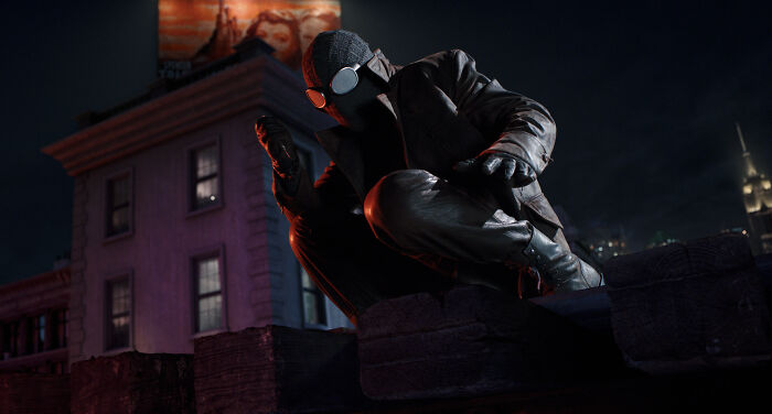 Spider-Noir crouching on rooftop in dark city setting Spider-Noir crouching on rooftop in dark city setting