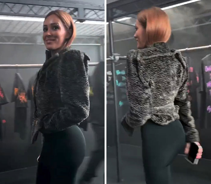 Bianca Censori com cabelo novo, vestindo jaqueta felpuda e legging preta, aparecendo com look transparente.