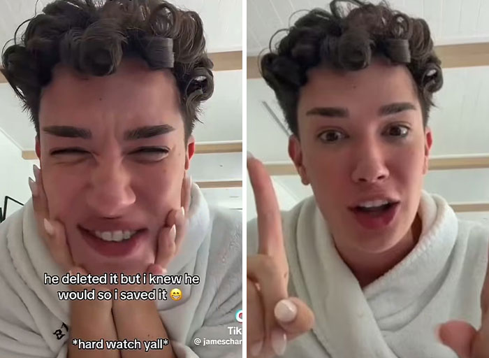 James Charles in white robe explaining saved a deleted video