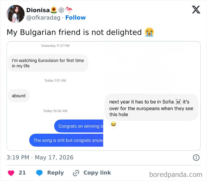 Text message conversation criticizing Eurovision with mention of Sofia hosting and Bulgarian fan reaction
