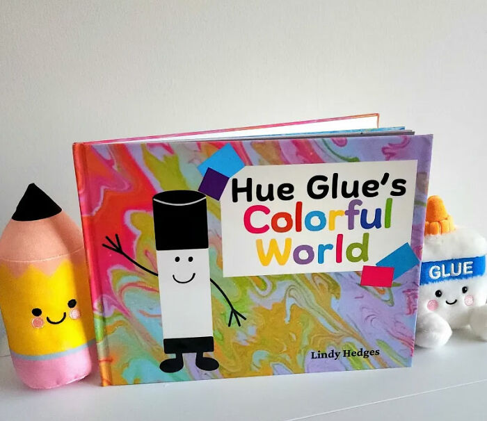 Colorful children’s book Hue Glue's Colorful World on display