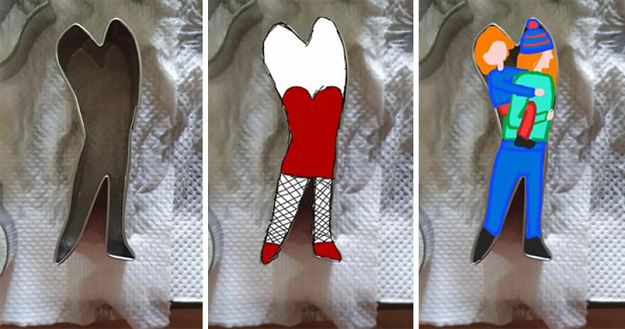 A cookie cutter shaped like a high-heeled leg transformed into cartoon images: a woman in a red dress, and a person carrying a child. Cookie shapes creativity.