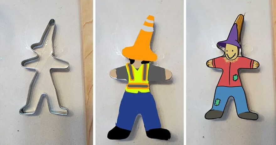 An unusual cookie shape transforms into a construction worker and a scarecrow, highlighting diverse cookie shapes.