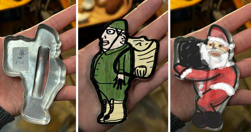 Hands holding a cookie cutter, with a doodle of a soldier and Santa overlayed, showing creative cookie shapes.