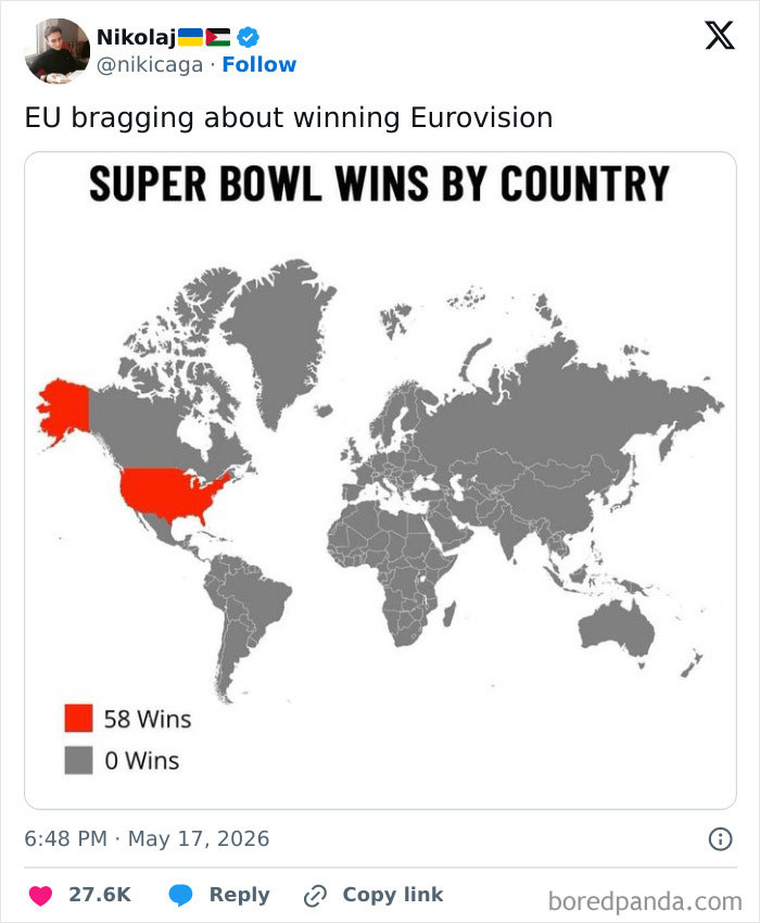 World map showing US alone with Super Bowl wins in joke about Eurovision wins