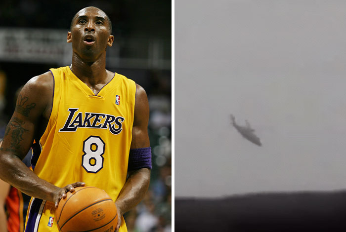 Side-by-side image of Kobe Bryant in Lakers jersey and a helicopter crash related to Kyle Busch theories Side-by-side image of Kobe Bryant in Lakers jersey and a helicopter crash related to Kyle Busch theories
