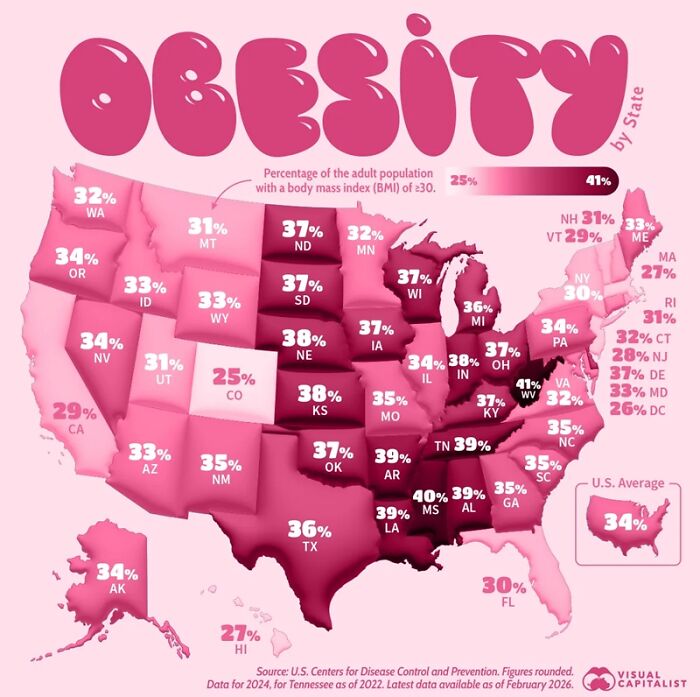 Map illustrating adult obesity percentage by state with national average at 34%