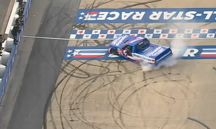 Kyle Busch race truck doing donuts at a NASCAR All-Star Race finish Kyle Busch race truck doing donuts at a NASCAR All-Star Race finish