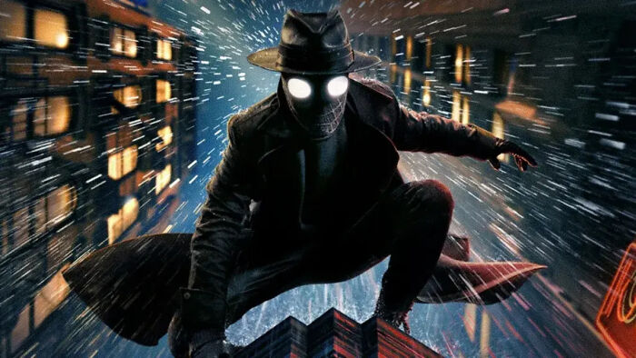 Spider-Noir crouching on rooftop with glowing eyes in rainy cityscape Spider-Noir crouching on rooftop with glowing eyes in rainy cityscape