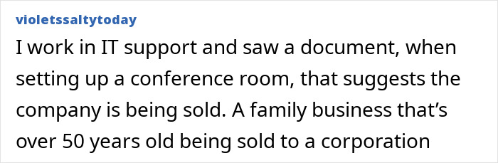 IT support discovers company being sold in conference room setup document